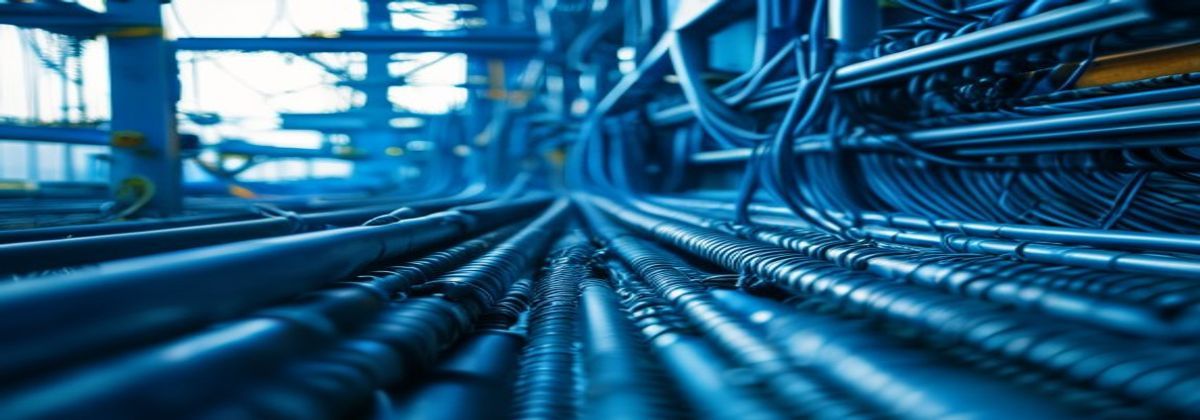 Dense marine electrical cables routed on shipyard cable trays